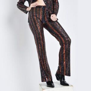 ZARA - The Abbey Black Orange Sequin Striped Sheer Flared Trouser Pant - XXL